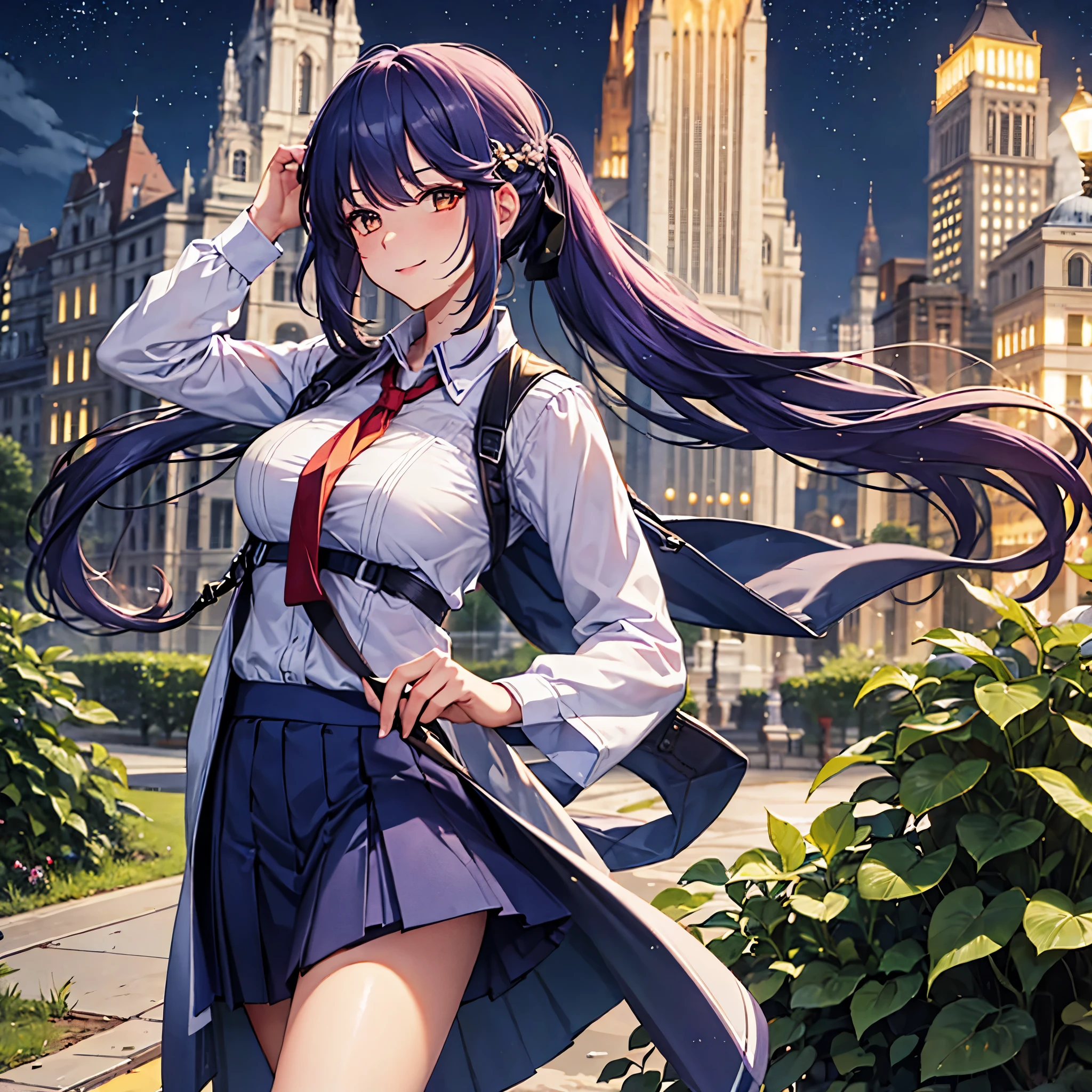 A woman wearing a white shirt with the symbol of the United States, a short blue skirt, in a park at night, plantations around, building in the background, lighting, violet hair, orange eyes, smiling,very detailed, masterpiece, high quality, ultra resolution, 4k hd
