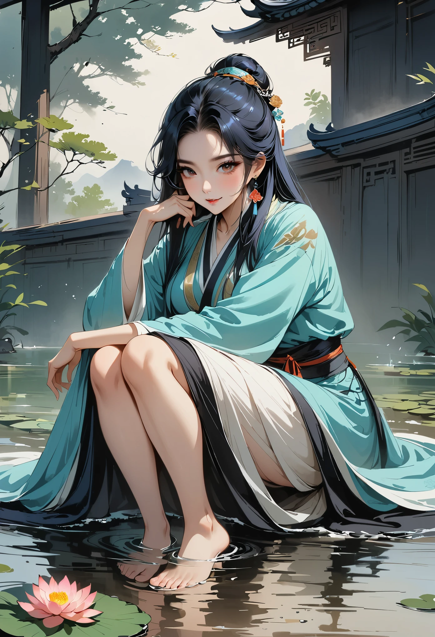 ((4K,masterpiece,best quality)), Ink Bismuth, traditional Chinese painting, lotus, hanfu, Maxis Suite, Dress conservatively 1girl, alone, long blue hair, Smile, Squat down, feet in water, barefoot,