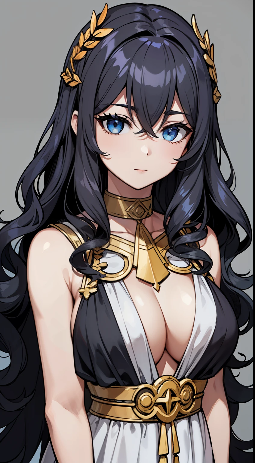 (high-quality, breathtaking),(expressive eyes, perfect face) 1girl, female, solo, young adult, dark black color hair, blue highlight in hair, tanned skin, pale light blue eye color, medium hair length, fluffy spiky hair, wavy curly hair, black dress with gold trim, tunic, Greek Goddess, Ancient Greek Dress, Greek Clothes, Symmetrical Eyes, portrait, halfbody, positive expression, grey background, elegant, mature, beautiful, soft smile, hair between eyes, SunsetHuman, collar
