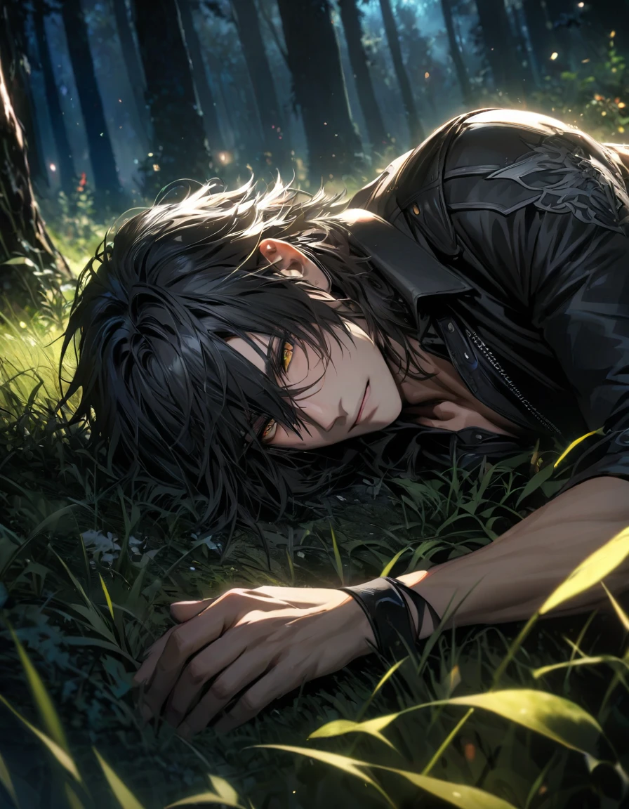 absurdres, highres, ultra detailed, HDR), masterpiece, best quality, vibrant golden eyes, Ardyn Lucis Caelum, black hair, black hat, Final fantasy xv, 1man,handsome, lying down on the grass, night, forest