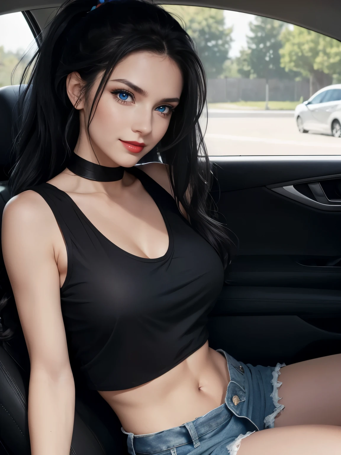 una hermosa mujer desnuda en el interior de un taller mecanico, completamente desnuda, de frente y sonriendo, Sitting on the hood of the car, descompuesto, piernas abiertas, senos grandes, redondos, hermosos, perfectos, cintura delgada, 21 year old nude woman, In a mechanical workshop, desnuda. of brown skin, ojos verdes, cabello negro lacio hermoso, sin censura