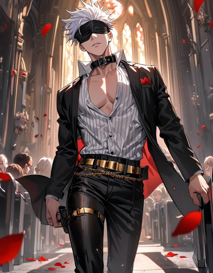 4k, very detailed, hd, Gojou Satoru, white hair, blindfolded eyes, Jujutsu Kaisen, he wears a striped black and white dress shirt with the collar unbuttoned, over this, he wears a black jacket and a red tie, which isn't tied, he also uses black leather jeans with a golden belt and a holster strapped to his right leg, handsome, 1 man only, red petals, church,