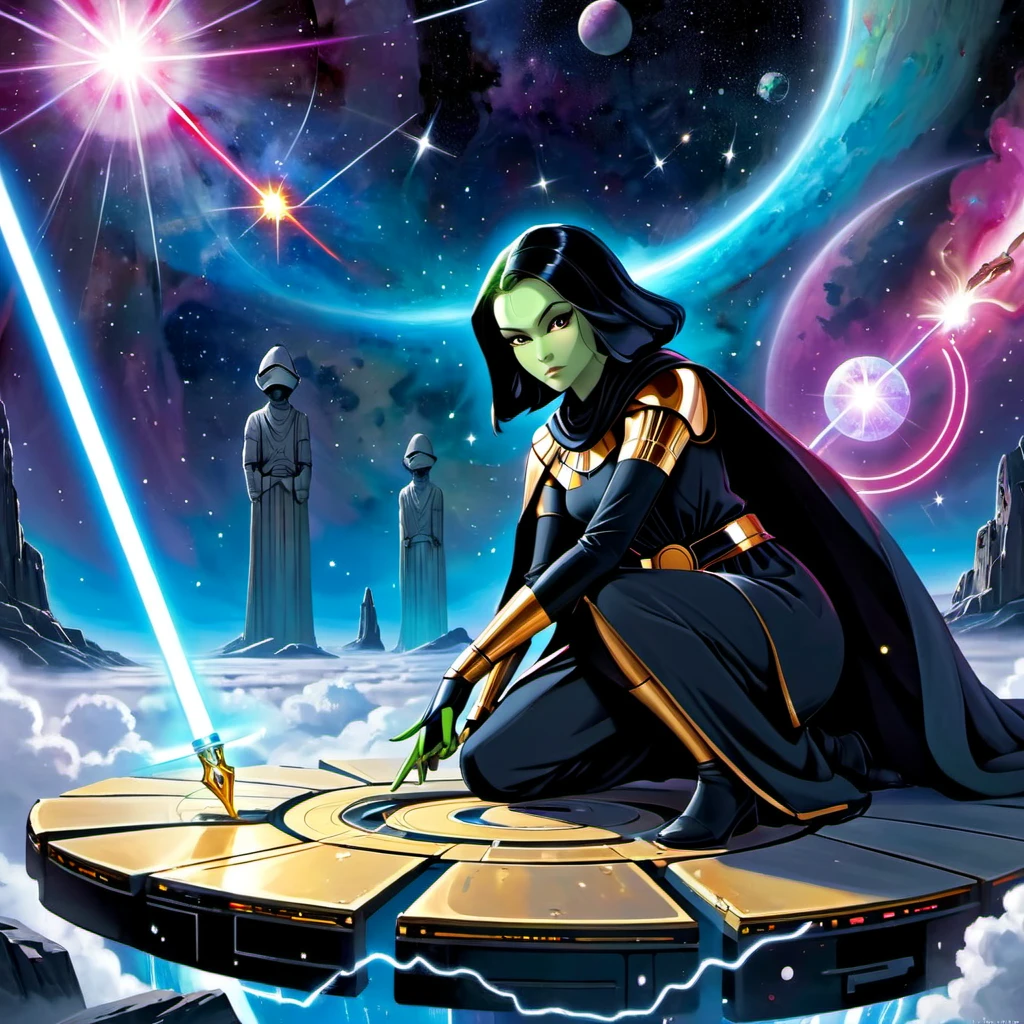 (best quality,4k,highres,masterpiece:1.2),ultra-detailed,realistic:1.37,Star Wars themed Tarot cards,deck,fortune telling,vivid colors,galactic atmosphere,ethereal glow,ancient mysticism,card spreads,astrological symbols,detailed illustrations,twinkling stars,cosmic energy,forceful presence,hidden meanings,mysterious destiny,iconic characters,mythical creatures,divination tools,mystical prophecies,cosmic balance,strategic position,intergalactic journey,magical aura,storytelling symbolism,sword of light,galaxy far away,powerful Jedi,menacing Sith,dark side vs light side,destiny's crossroad,fierce battles,cosmic alignment,spiritual guidance,mystical connections,force-sensitive beings,interstellar forces,dimensional portals,divine intuition,celestial guidance,cosmic wisdom,prophetic visions,endless possibilities.