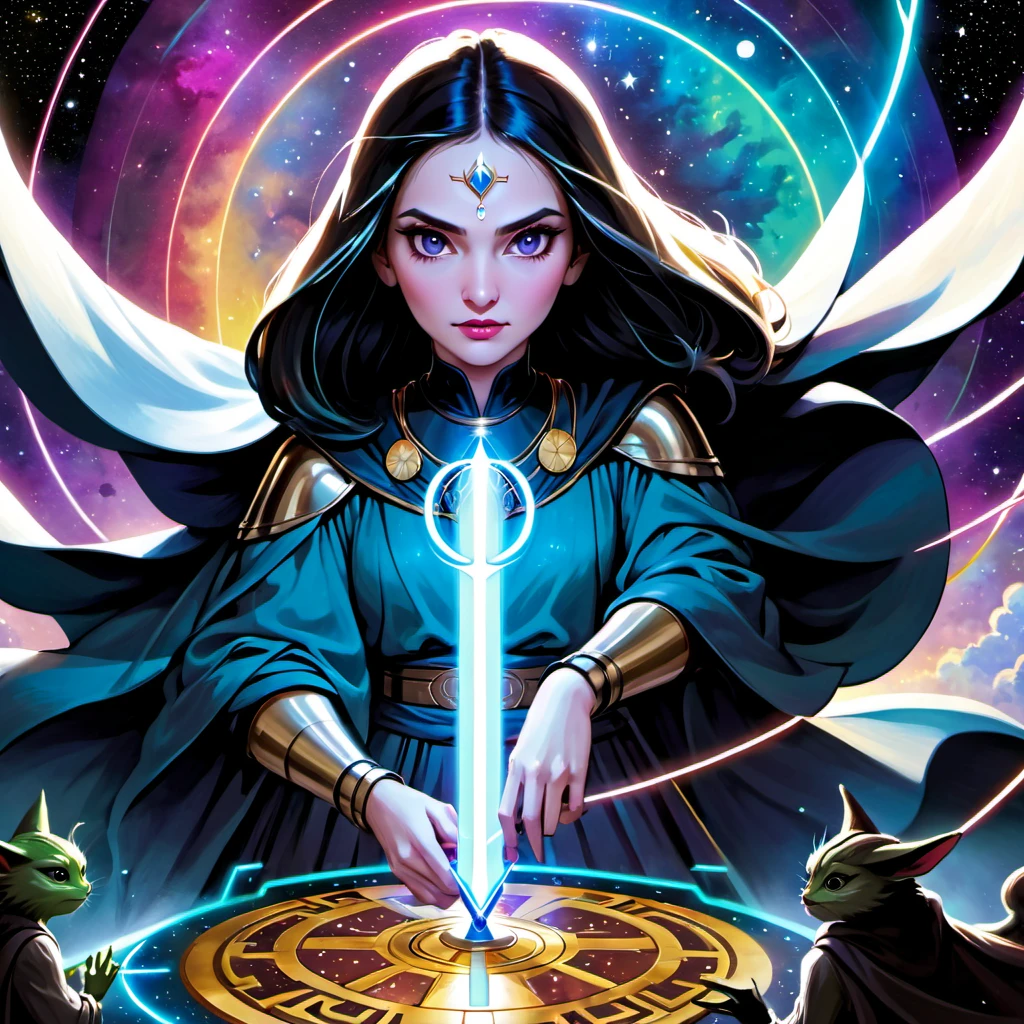 (best quality,4k,highres,masterpiece:1.2),ultra-detailed,realistic:1.37,Star Wars themed Tarot cards,deck,fortune telling,vivid colors,galactic atmosphere,ethereal glow,ancient mysticism,card spreads,astrological symbols,detailed illustrations,twinkling stars,cosmic energy,forceful presence,hidden meanings,mysterious destiny,iconic characters,mythical creatures,divination tools,mystical prophecies,cosmic balance,strategic position,intergalactic journey,magical aura,storytelling symbolism,sword of light,galaxy far away,powerful Jedi,menacing Sith,dark side vs light side,destiny's crossroad,fierce battles,cosmic alignment,spiritual guidance,mystical connections,force-sensitive beings,interstellar forces,dimensional portals,divine intuition,celestial guidance,cosmic wisdom,prophetic visions,endless possibilities.