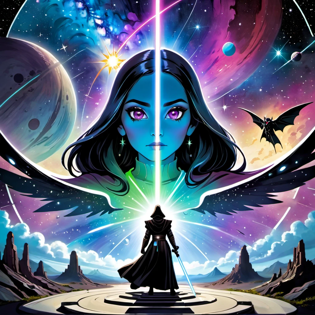 (best quality,4k,highres,masterpiece:1.2),ultra-detailed,realistic:1.37,Star Wars themed Tarot cards,deck,fortune telling,vivid colors,galactic atmosphere,ethereal glow,ancient mysticism,card spreads,astrological symbols,detailed illustrations,twinkling stars,cosmic energy,forceful presence,hidden meanings,mysterious destiny,iconic characters,mythical creatures,divination tools,mystical prophecies,cosmic balance,strategic position,intergalactic journey,magical aura,storytelling symbolism,sword of light,galaxy far away,powerful Jedi,menacing Sith,dark side vs light side,destiny's crossroad,fierce battles,cosmic alignment,spiritual guidance,mystical connections,force-sensitive beings,interstellar forces,dimensional portals,divine intuition,celestial guidance,cosmic wisdom,prophetic visions,endless possibilities.