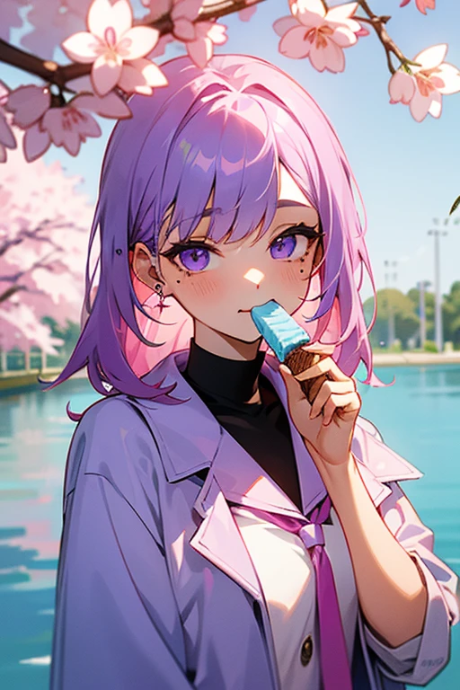 Inner color mesh purple、river、girl、ear piercing、eating ice cream、Cherry Blossom、I'm wearing a coat、My eyes are sparkling、There is a mole under the left eye、angel hero