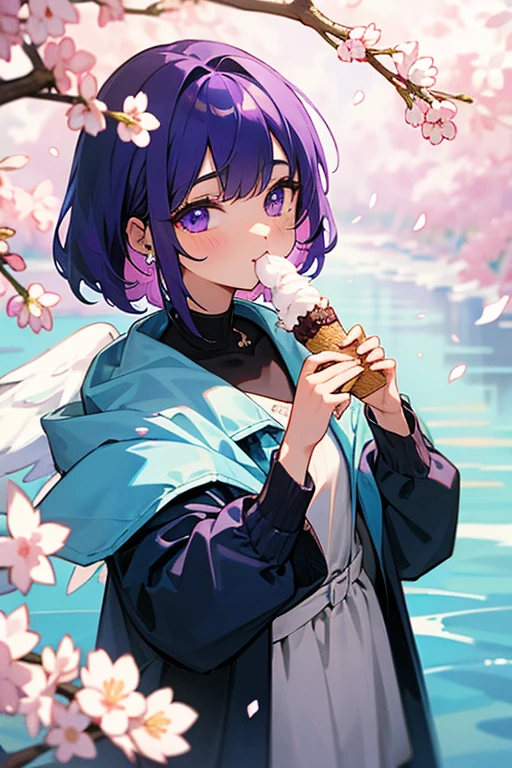 Inner color mesh purple、river、girl、ear piercing、eating ice cream、Cherry Blossom、I'm wearing a coat、My eyes are sparkling、There is a mole under the left eye、angel hero