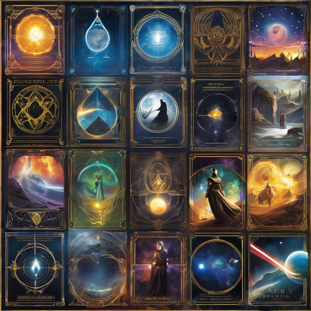 (best quality,4k,highres,masterpiece:1.2),ultra-detailed,realistic:1.37,Star Wars themed Tarot cards,deck,fortune telling,vivid colors,galactic atmosphere,ethereal glow,ancient mysticism,card spreads,astrological symbols,detailed illustrations,twinkling stars,cosmic energy,forceful presence,hidden meanings,mysterious destiny,iconic characters,mythical creatures,divination tools,mystical prophecies,cosmic balance,strategic position,intergalactic journey,magical aura,storytelling symbolism,sword of light,galaxy far away,powerful Jedi,menacing Sith,dark side vs light side,destiny's crossroad,fierce battles,cosmic alignment,spiritual guidance,mystical connections,force-sensitive beings,interstellar forces,dimensional portals,divine intuition,celestial guidance,cosmic wisdom,prophetic visions,endless possibilities.