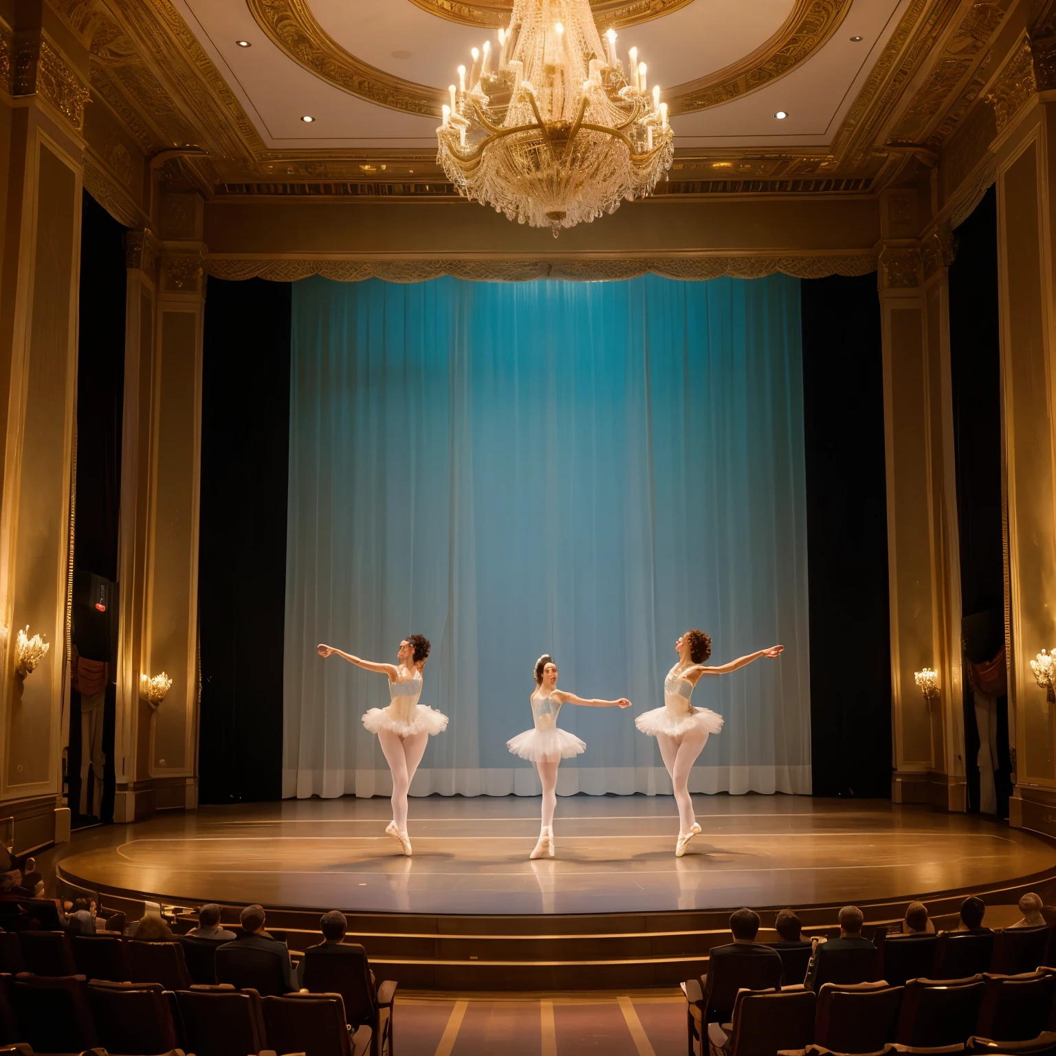 (Best quality, Ultra-detailed: 1.5), Cinematic photo of a young ballet academy with elegant dancers performing on stage in a theater, Masterpiece: 1.3, Beautiful faces, (long, curly hair), (slender bodies), graceful movements, expressive eyes, (poised bodies), (white tutus), (pointed toes), (shimmering tights), theatrical lighting: 0.9, Spotlight: 0.4, Balcony view: 0.5, Opulent theatre interior: 0.6, Audience: 0.8, (applauding hands), African-American, Asian,