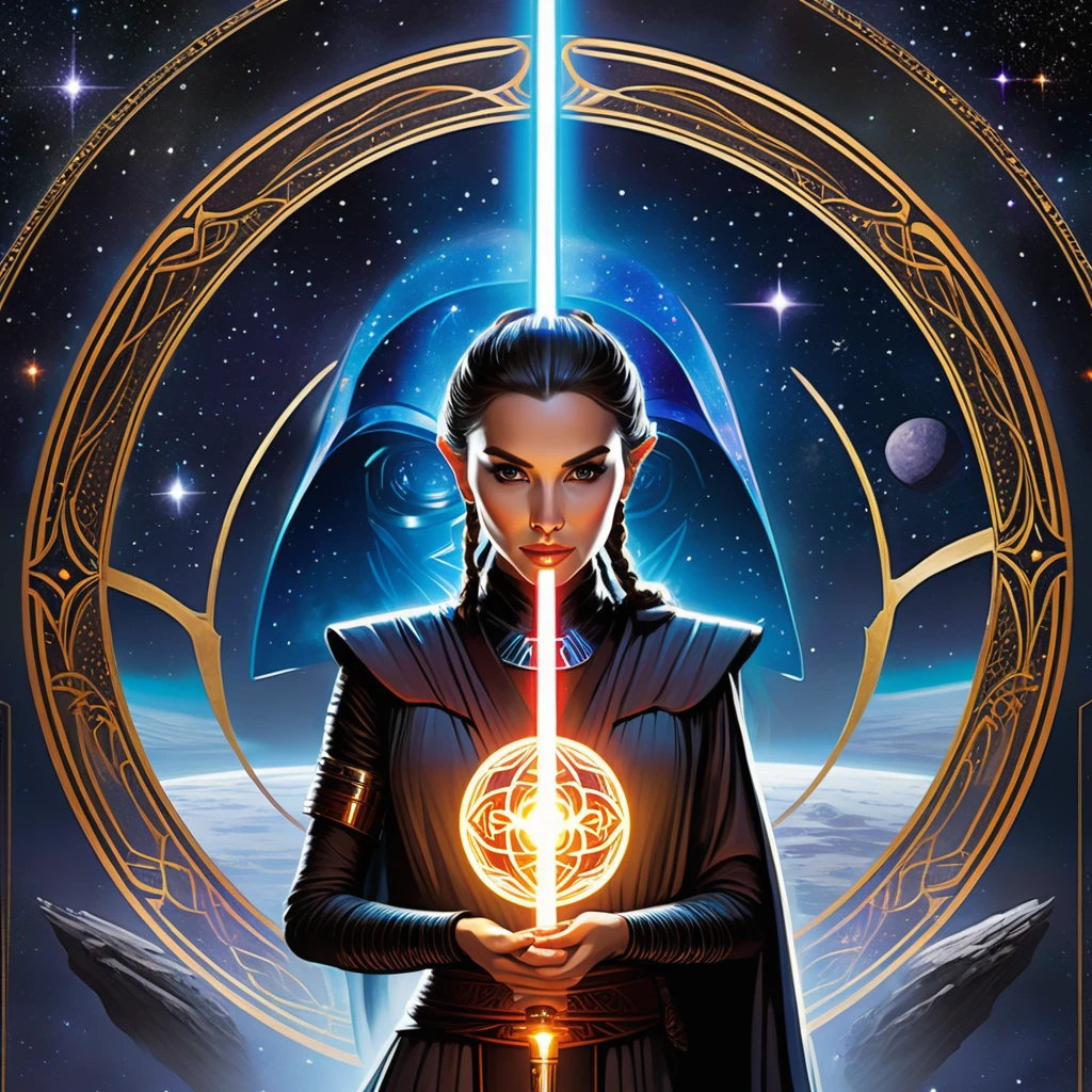(best quality,4k,highres,masterpiece:1.2),ultra-detailed,realistic:1.37,Star Wars themed Tarot cards,deck,fortune telling,vivid colors,galactic atmosphere,ethereal glow,ancient mysticism,card spreads,astrological symbols,detailed illustrations,twinkling stars,cosmic energy,forceful presence,hidden meanings,mysterious destiny,iconic characters,mythical creatures,divination tools,mystical prophecies,cosmic balance,strategic position,intergalactic journey,magical aura,storytelling symbolism,sword of light,galaxy far away,powerful Jedi,menacing Sith,dark side vs light side,destiny's crossroad,fierce battles,cosmic alignment,spiritual guidance,mystical connections,force-sensitive beings,interstellar forces,dimensional portals,divine intuition,celestial guidance,cosmic wisdom,prophetic visions,endless possibilities.