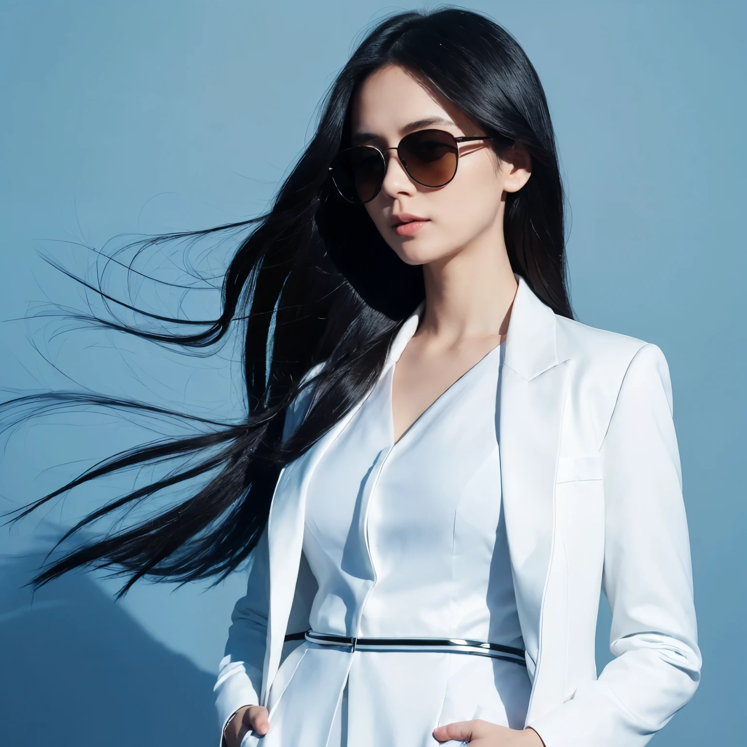 A woman in a white suit with long black hair, wearing a shades, hands in pockets, animated, white background with light blue backlight, half body picture 