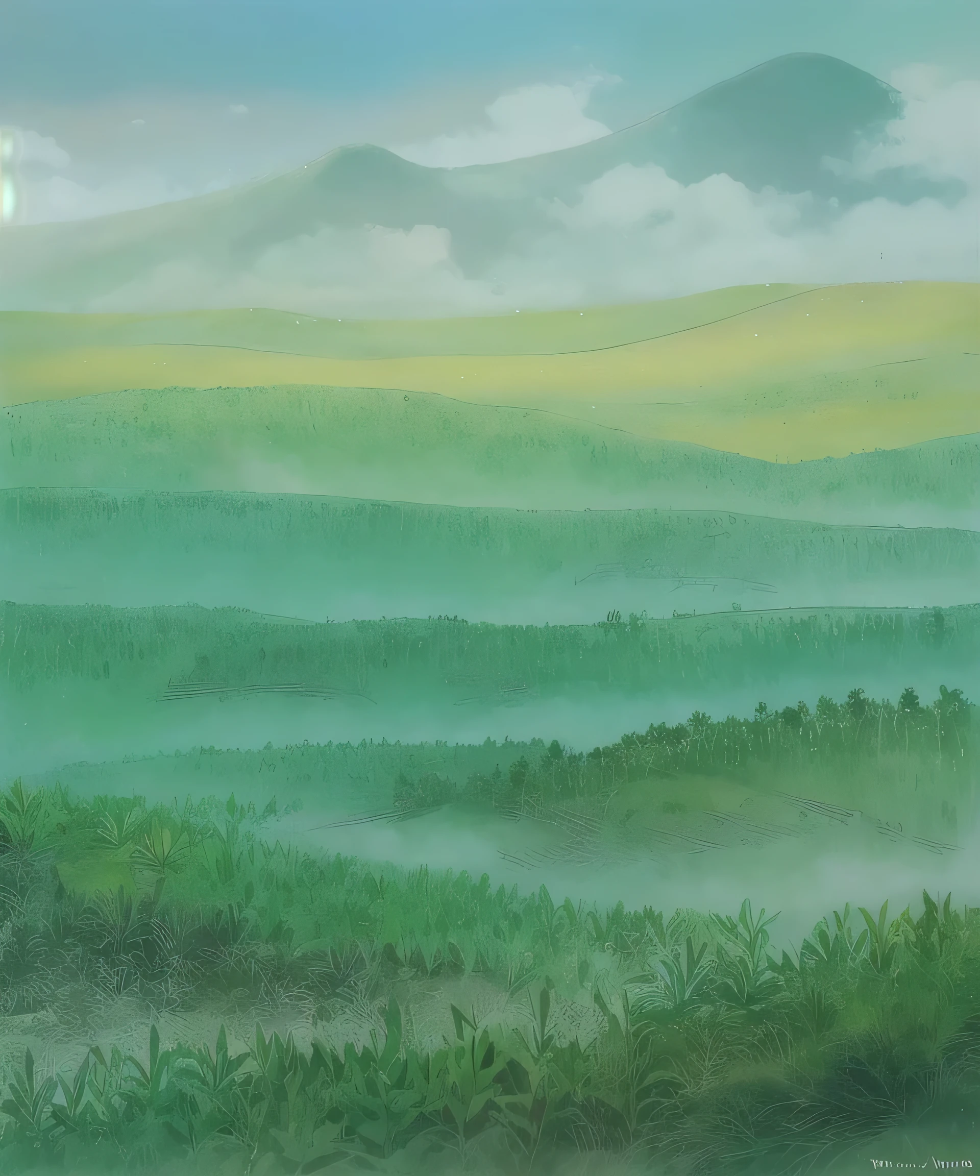 A painting depicting green fields and mountains in the background, anime rural scenery, anime scenery, Color gamut. 8K, background art, foggy background, Distant village background, anime background art, dreamy scenery, Painting landscapes, Detailed soft painting, landscape background, anime background, hazy background, airy landscape, soft numbers, Soft forest background