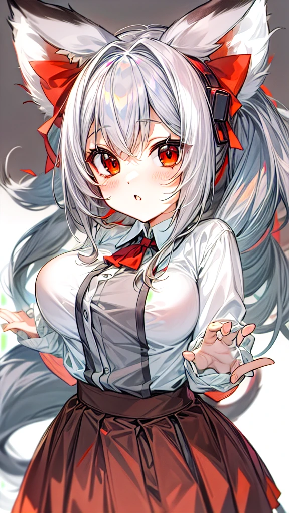 ,grey hair, long hair, twintails, bangs, hair between eyes, animal ears, fox ears, animal ear fluff, red eyes, tail, fox tail, virtual youtuber,grey hair, long hair, twintails, bangs, hair between eyes, animal ears, fox ears, animal ear fluff, red eyes, tail, fox tail, virtual youtuber, shirt, white shirt, long sleeves, sleeves past wrists, bow, hair bow, red bow, ribbon, skirt, pleated skirt, black skirt,milfication, mature female, gigantic breasts