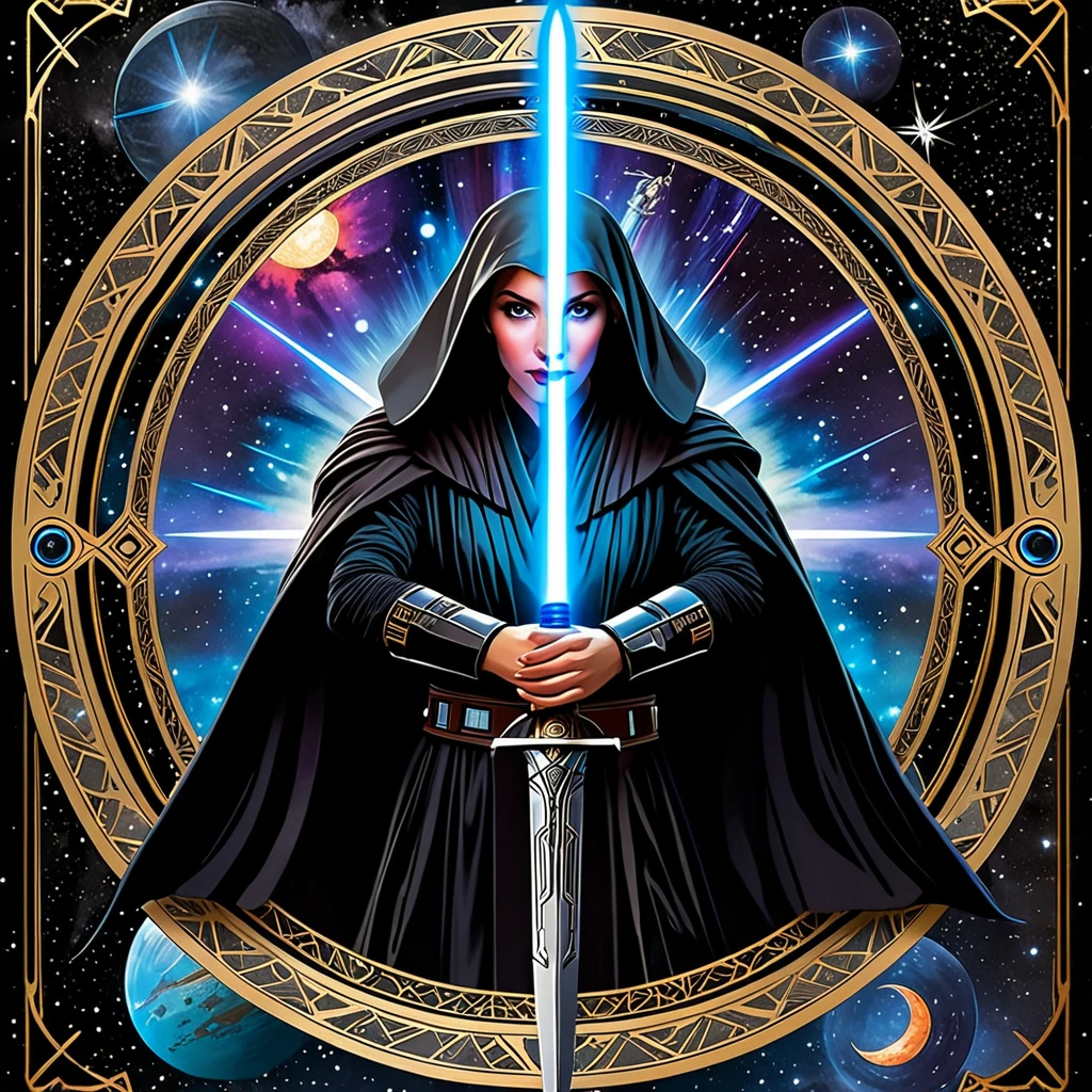 (best quality,4k,highres,masterpiece:1.2),ultra-detailed,realistic:1.37,Star Wars themed Tarot cards,deck,fortune telling,vivid colors,galactic atmosphere,ethereal glow,ancient mysticism,card spreads,astrological symbols,detailed illustrations,twinkling stars,cosmic energy,forceful presence,hidden meanings,mysterious destiny,iconic characters,mythical creatures,divination tools,mystical prophecies,cosmic balance,strategic position,intergalactic journey,magical aura,storytelling symbolism,sword of light,galaxy far away,powerful Jedi,menacing Sith,dark side vs light side,destiny's crossroad,fierce battles,cosmic alignment,spiritual guidance,mystical connections,force-sensitive beings,interstellar forces,dimensional portals,divine intuition,celestial guidance,cosmic wisdom,prophetic visions,endless possibilities.