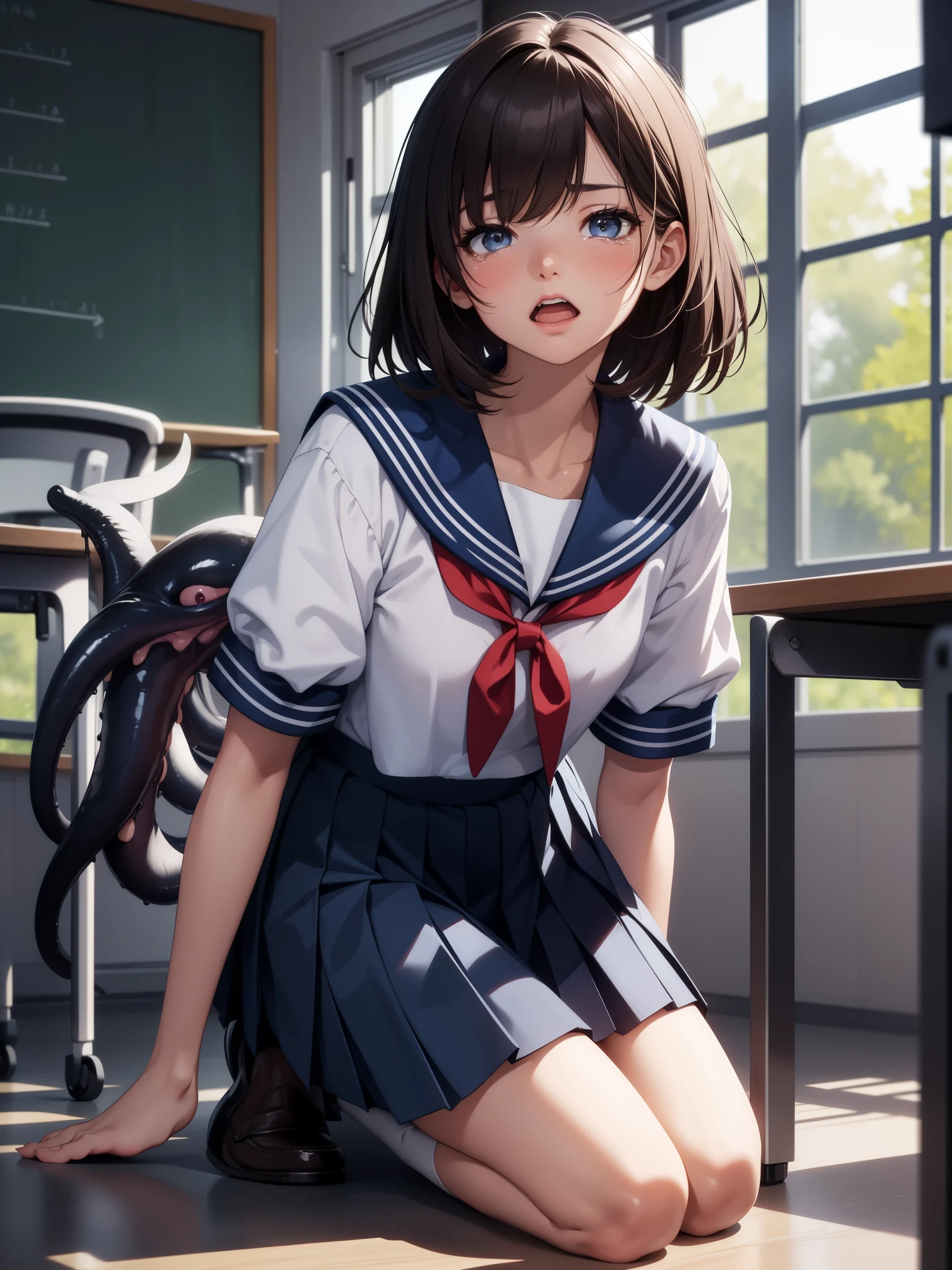 top-quality, Girl squatting and peeing in school classroom、