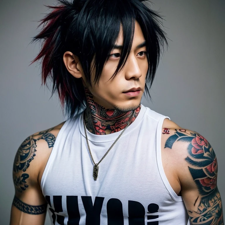 1 man, Japanese man, male, Asian eyes, muscular, broad shoulders, yakuza tattoos, hairstyle Visual Kei style, hair Visual Kei, black men's shirt and black pants, ultra detailed face, hyperrealistic, realistic representation, long hair, long hair, 30 years old, age 30 years, black 