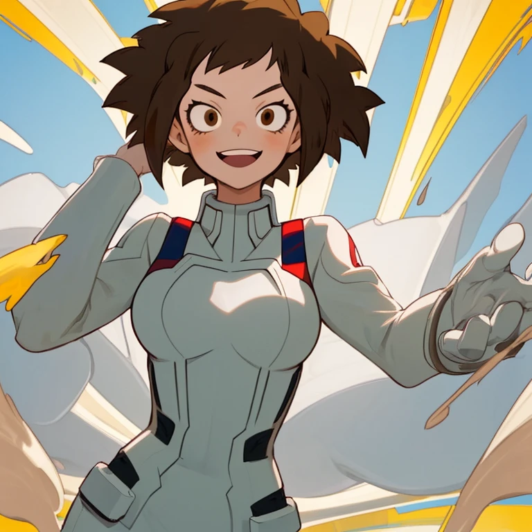 A -yeld Myro Academia style girl with short brown hair, brown eyes, and white skin in a UA uniform.,tiene poder de agua,a happy expression and a friendly smile while looking ahead 