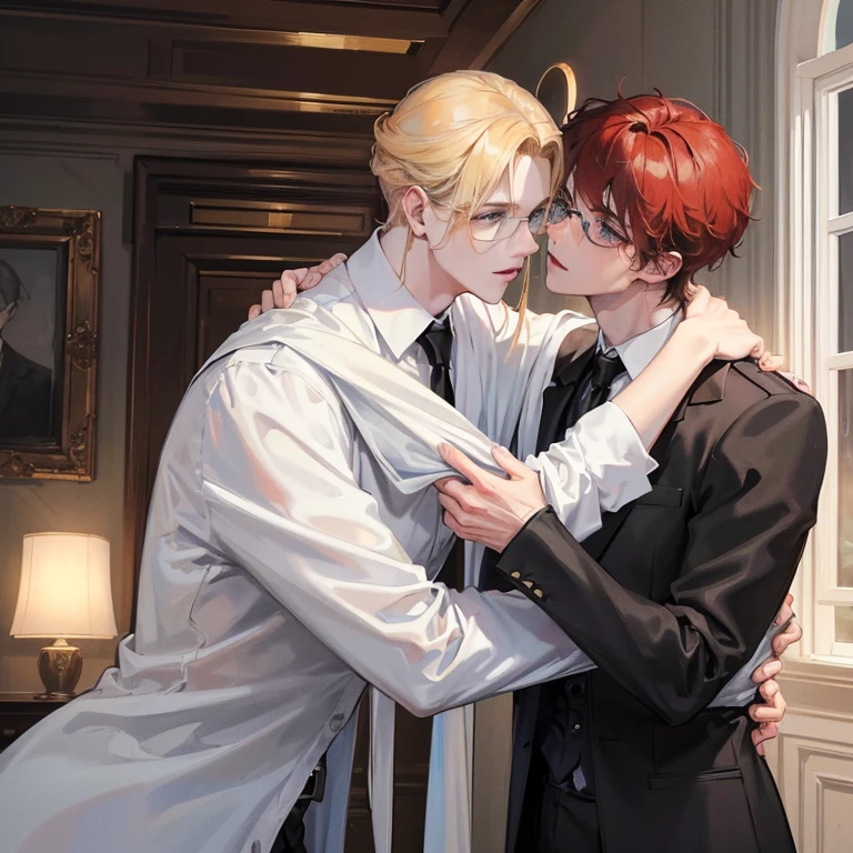 Dominant tall blonde Handsome young man, big blue eye, tall and thin, wearing black suit. hugging the Handsome young man, white skin, reddish curly hair to the shoulder, big deep jaded eyes, wearing big black rim eyeglasses, wearing oversize white tshirt. Two man in love hugging and kissing.