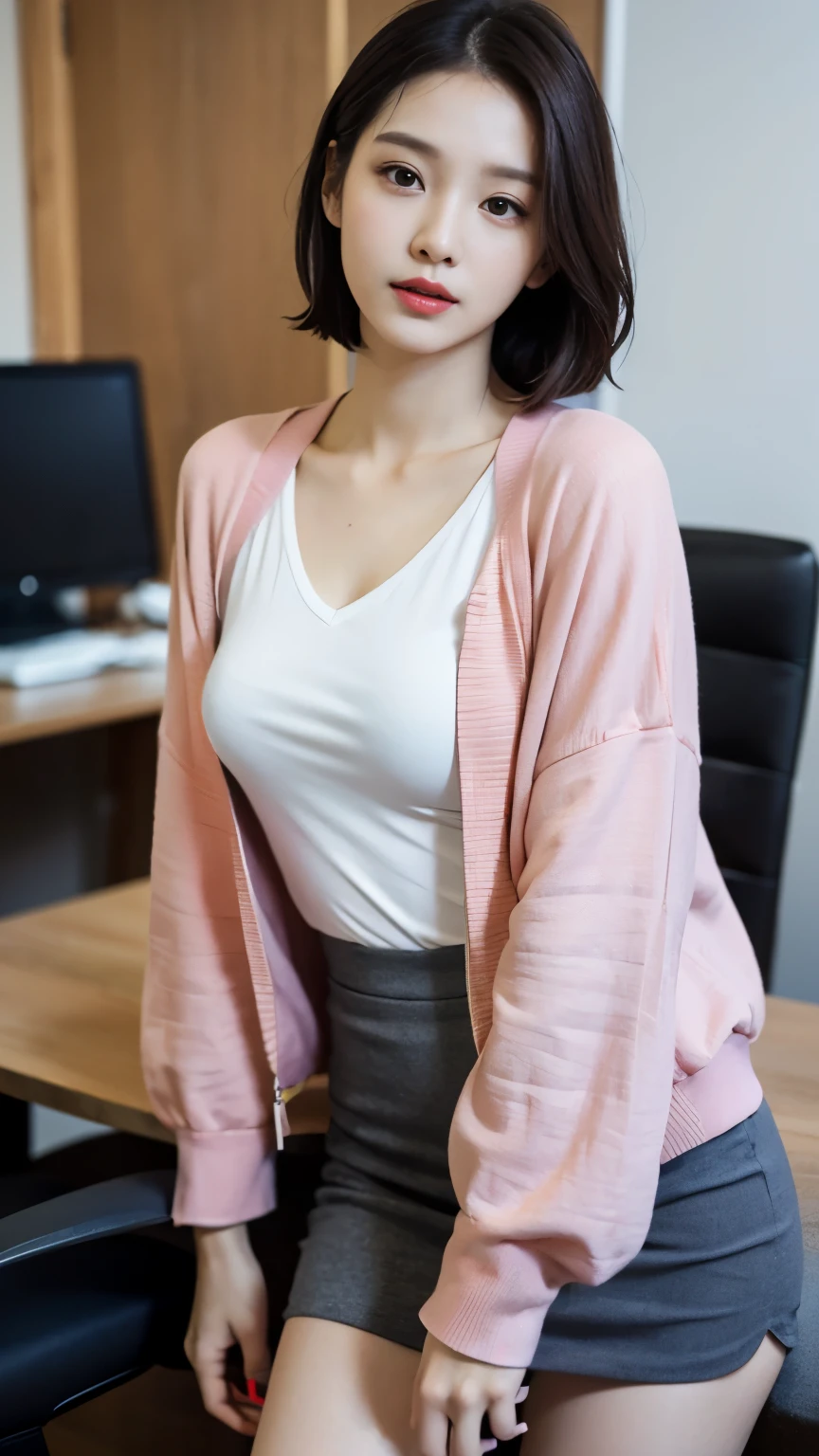 (best quality), (8K), (20 year old woman), (small face), (realistic), (ergonomic), (HUD), (detailed), (perfect face), (ultra-high resolution), (perfect body), (clean skin), (Detail expression), (1 woman), (professional photography), Office Girl, In the middle of a huge and spacious office, tight tulip skirt, office lookbook, Layered cut, Short hair, deep v-neck shirt, super big tits, saggy breasts, gaping breasts, red lips, chapped lips, circle lens, korean beauty, suit kit, ultra high resolution, 8 thousand, perfect body, HUD, Ergonomic, slim legs, small face, long eyelashes, Sparkling pink lips, eye for detail, clean skin, blemish-free face, Highly Detailed CG Integrated 8 thousand Dendenden Wallpapers, Detail, High quality RAW color photos, professional photography, sleeve casual jacket, lady office blazer,