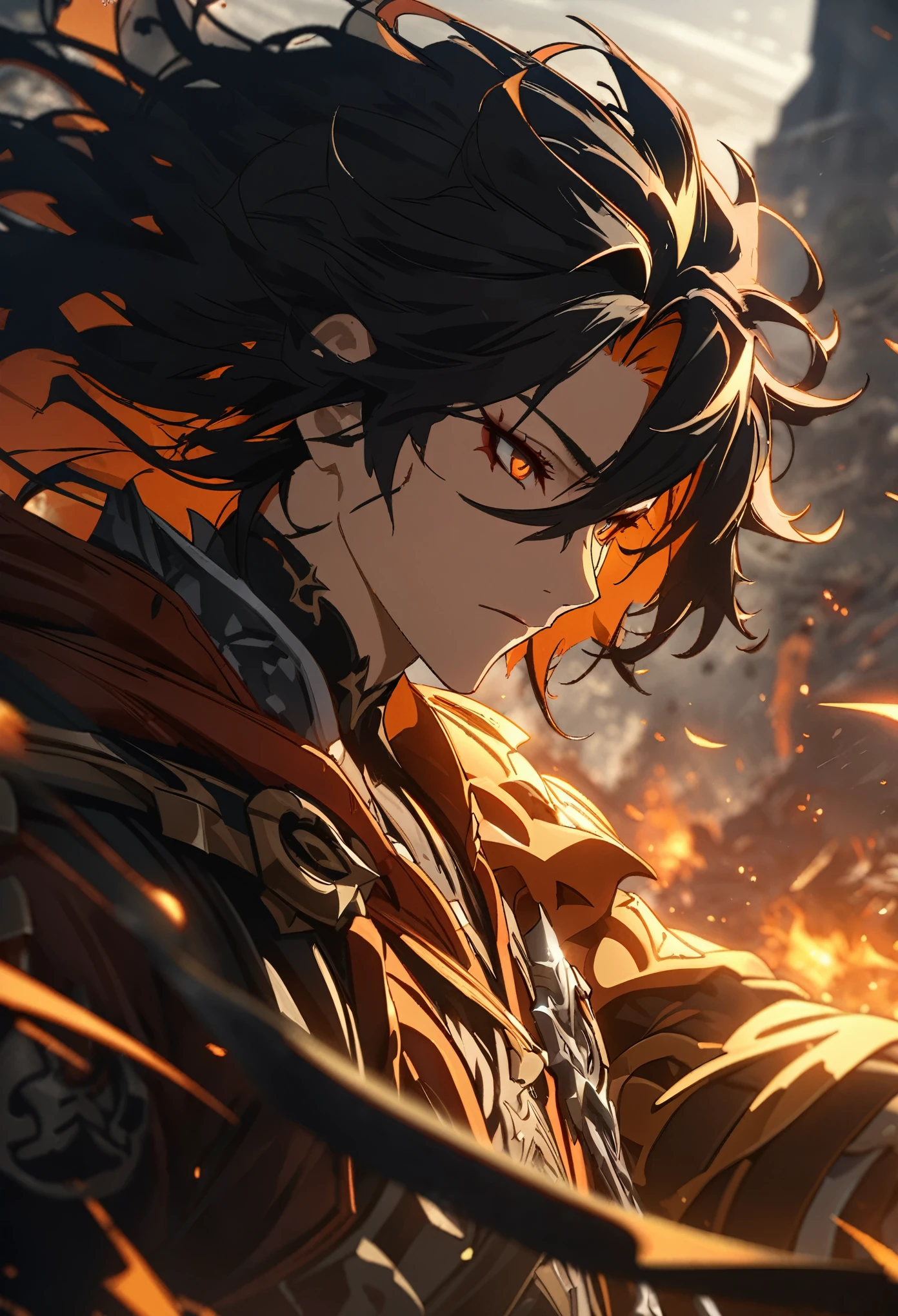 ((solo)), (man), dark orange eyes, black hair, very long hair, messy hair, dark orange colored inner hair, a close up of a person with a sword in a desolate land surrounded by demons and monsters, a burning battlefield, epic, detailed key anime art, honkai star trail character, casimir art, masamune shiro, masamune, handsome guy in demon slayer art, genshin, heise jinyao, shadowverse style, (no logos), DOOM hell, black powers, red infernal scenery, detailed clothes, eye reflection, depth of field, cinematic lighting, ray tracing, depth of field, cinematic lighting, ray tracing, UHD, high details, best quality, highres, high quality, award winning, super detail, masterpiece, 8k, UHD, high details, best quality, highres, high quality, award winning, super detail, masterpiece, 8k, digital art, anime coloring