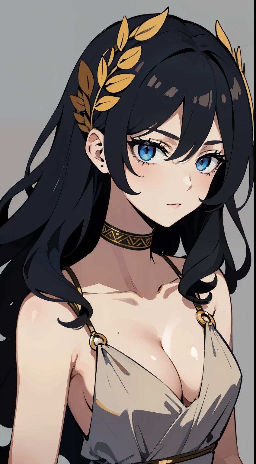 (high-quality, breathtaking),(expressive eyes, perfect face) 1girl, female, solo, adult, dark black color hair, blue highlight in hair, tanned skin, pale light blue eye color, medium hair length, fluffy spiky hair, wavy curly hair, black dress with gold trim, tunic, Greek Goddess, Ancient Greek Dress, Greek Clothes, Symmetrical Eyes, portrait, halfbody, positive expression, grey background, elegant, mature, beautiful, soft smile, hair between eyes, SunsetHuman, collar, enchantress, narrow eyes