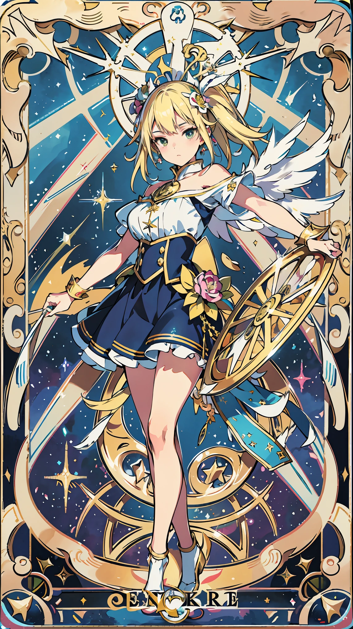 (highest quality, 4k, High resolution, masterpiece:1.2), Super detailed, anime style:1.37, pop art, Delicately painted face, Tarot Card Design, major arcana, wheel of fortune, sphinx on wheels, Four beautiful sacred beasts, Glittering decoration, bright colors, Abundant flowers, sparkling background, Natural light, Illustration of movement, Blur, sur genuine, card design,