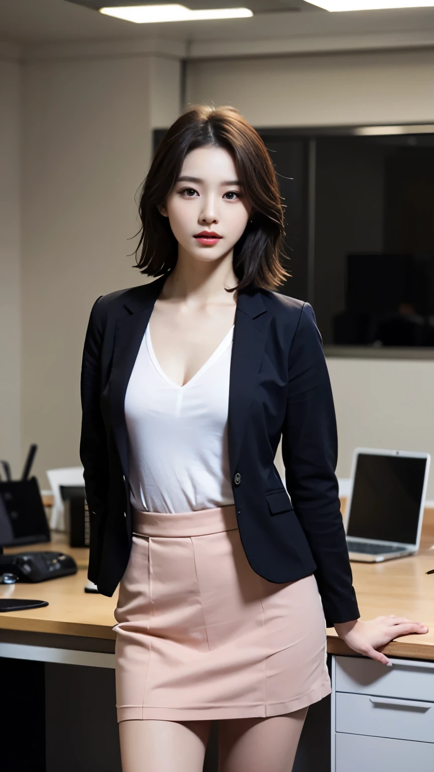 (best quality), (8K), (20 year old woman), (small face), (realistic), (ergonomic), (HUD), (detailed), (perfect face), (ultra-high resolution), (perfect body), (clean skin), (Detail expression), (1 woman), (professional photography), Office Girl, In the middle of a huge and spacious office, tight tulip skirt, office lookbook, Layered cut, Short hair, deep v-neck shirt, super big tits, saggy breasts, gaping breasts, red lips, chapped lips, circle lens, korean beauty, suit kit, ultra high resolution, 8 thousand, perfect body, HUD, Ergonomic, slim legs, small face, long eyelashes, Sparkling pink lips, eye for detail, clean skin, blemish-free face, Highly Detailed CG Integrated 8 thousand Dendenden Wallpapers, Detail, High quality RAW color photos, professional photography, sleeve casual jacket, lady office blazer,