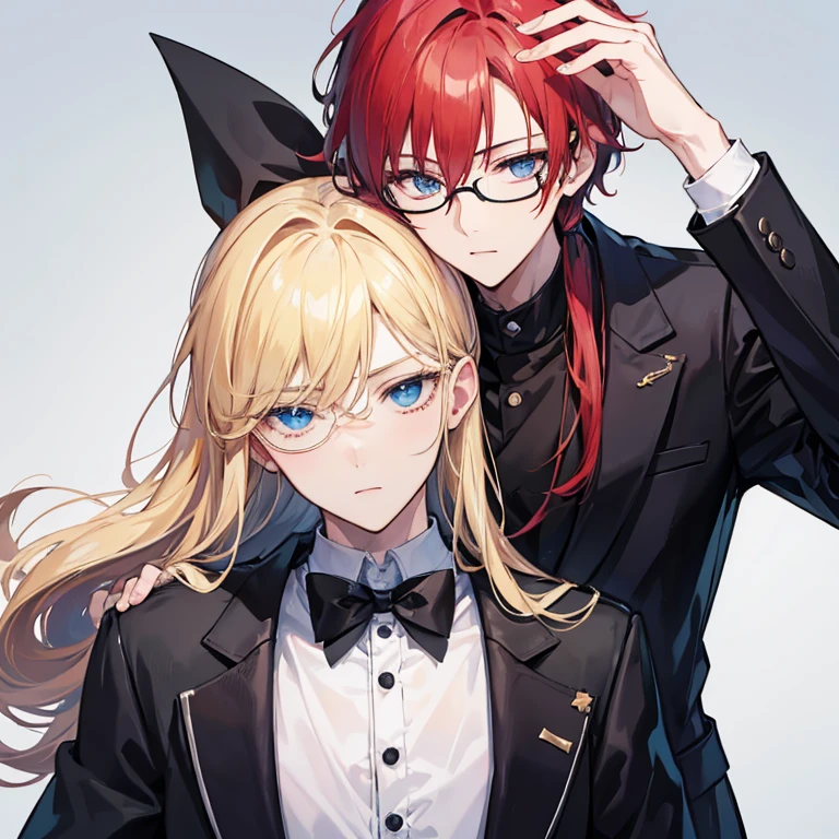 Dominant, tall, blonde, Handsome young man, big blue eye, tall and thin, wearing black suit. And a Handsome young man, white skin, reddish curly hair to the shoulder, big deep jaded eyes, wearing big black rim eyeglasses, wearing oversize white tshirt. Two man in love hugging and kissing.