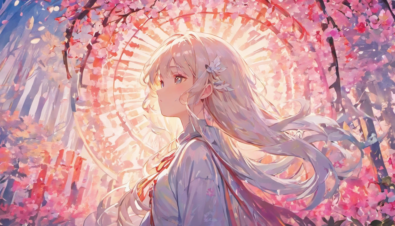 (white background:1.4),(girl head silhouette, close your eyes, colorful long hair, oriental elements),( reasonable design, clear lines, High sharpness,highest quality, very detailed, masterpiece, movie light effects, 4k )Cherry blossoms on the left side of the background