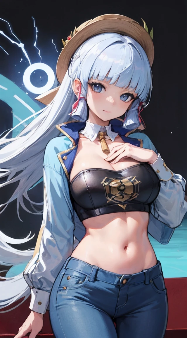 Ayaka Uesou|Genshin Impact, masterpiece, best quality, 1 girl,25 years old, proportional body, lengthen legs, fair, proportional., crop top, short jeans,sling，belly button， beautiful breasts、huge breasts:1.4, ,only, crop top, collar, (doodle:1.5), Splash with purple lightning pattern., arms behind back, against the wall, View viewers from the front., thigh strap, head tilt, boring,(national technology development bureau.:1.2), (10, best quality, masterpiece: 1.4), fair red hair, ultra high resolution, (lifelike, lifelike的肖像: 1.48), 20 years old, cute girl, (looking through blouse.), famous japanese actor, beautiful clear eyes, head tilt, Cowboy shooting, from the front, looking at the audience, Poker face, fair lake, Zeiss 150mm F/ 2.8 Hasselblad,  whole body, foot, super wide angle,