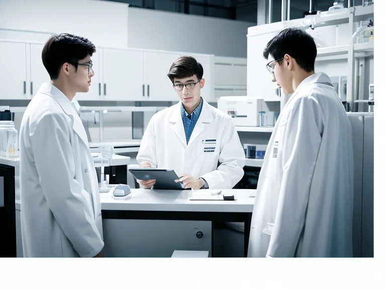 monochrome,masterpiece, illustration, best quality, best aathetic,
three men wearing white coats,have a binder,talk together,Laboratory,