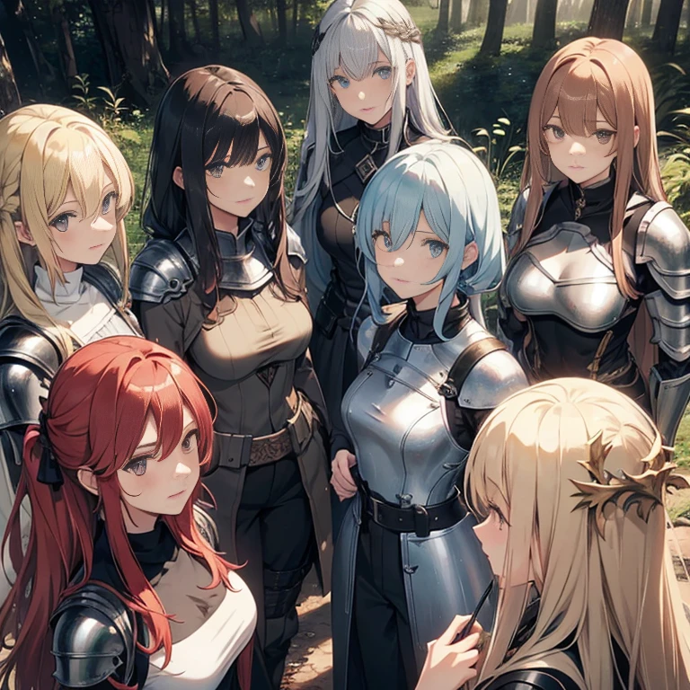 A group of female knights, (in forest), various hair styles, metal armor, harem, trousers, seducing, beautiful face, close, sleeveless