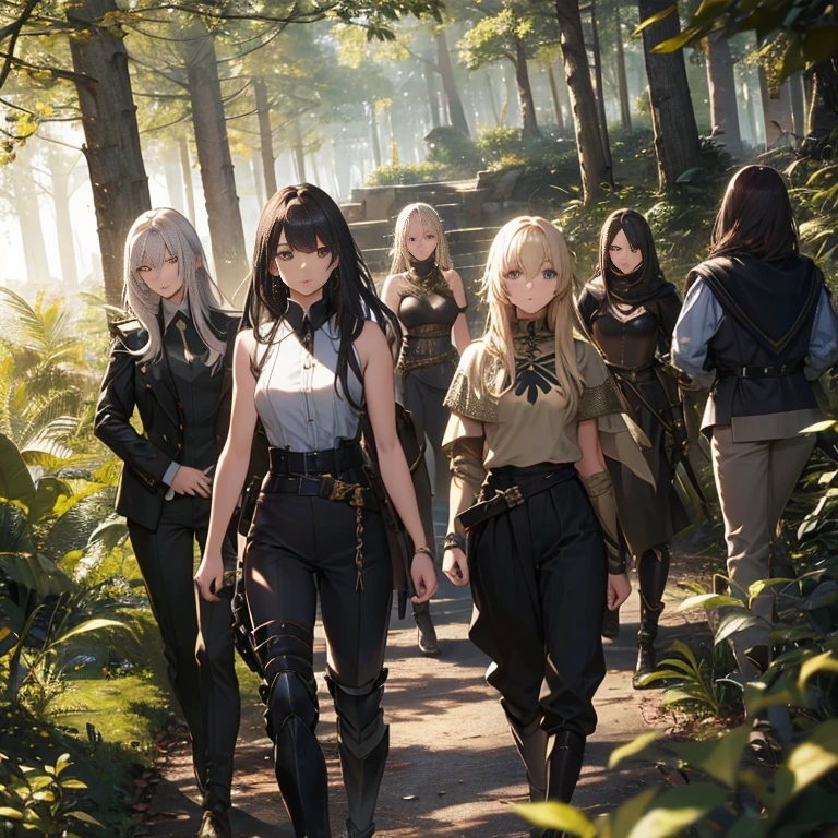 A group of female knights, (in forest), various hair styles, metal armor, harem, trousers, seducing, beautiful face, close, sleeveless