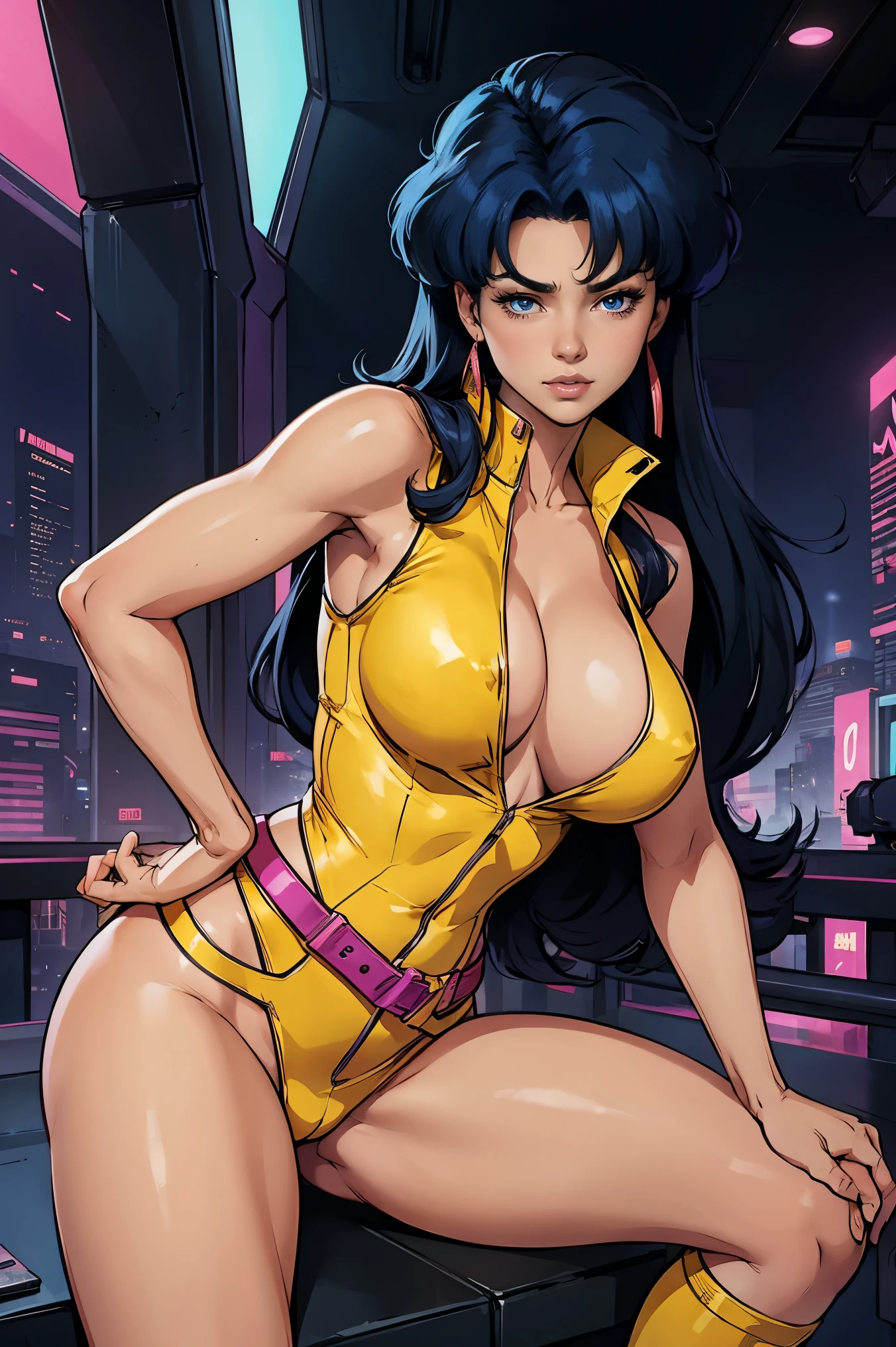 Yuri from The Dirty Pair wearing a skimpy yellow outfit, cleavage, big eyed beauty, long black hair, cyberpunk city background