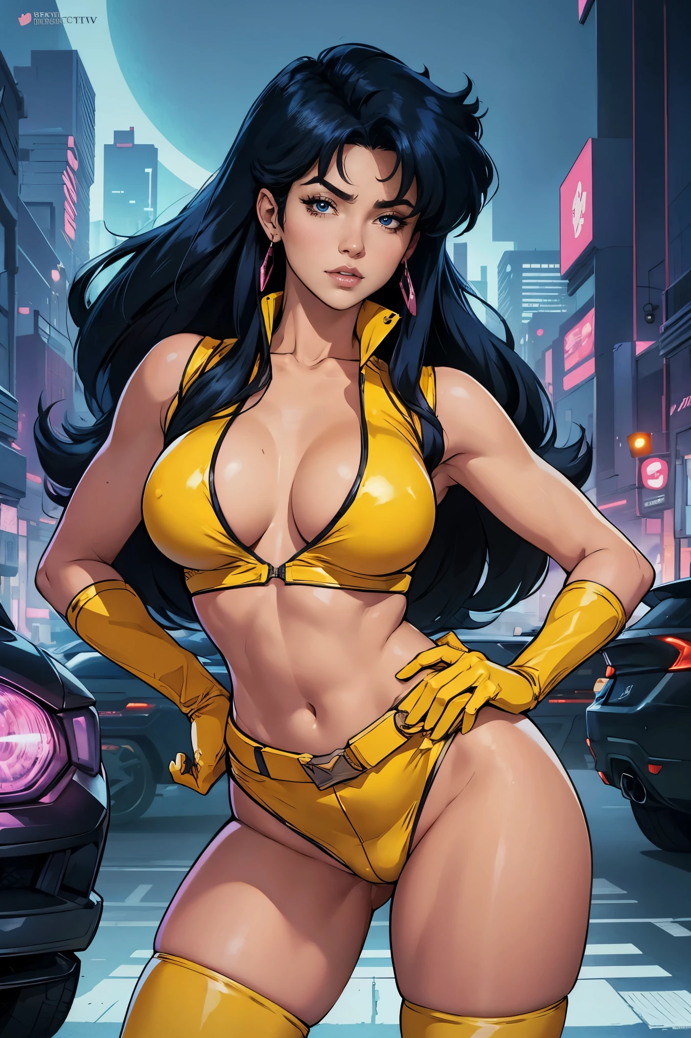 Yuri from The Dirty Pair wearing a skimpy yellow outfit, cleavage, big eyed beauty, long black hair, cyberpunk city background