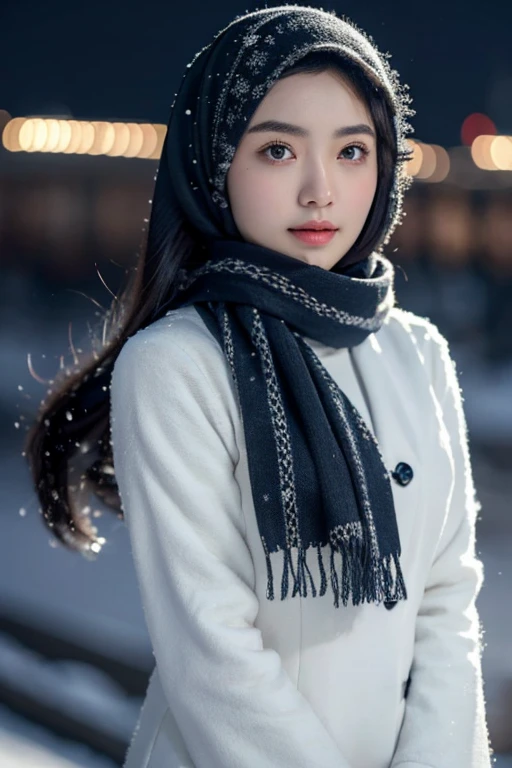8k, best quality, Medium close-up, (Best quality,8K,tmasterpiece:1.3)Cute and lovely Korean girl, realistic, ultra detail, photo realistic, Increase quality, full body potrait, hijab and abaya ping,
a photo of a girl standing in a night city with a scarf, in the style of dark and brooding designer, voluminous mass, photobash, serene faces, jagged edges, navy, natural beauty, close-up shot , cold atmosphere , winter atmosphere , Skin texture is natural、、The skin looks healthy with an even tone、 Use natural light and color,One Woman,japanes,,kawaii,A dark-haired,Middle hair,(depth of fields、chromatic abberation、、Wide range of lighting、Natural Shading、)、(Exterior light at night:1.4)、(Falling snow:1.3)、(Hair swaying in the wind:1.2)、(Light reflecting snow:1.0)