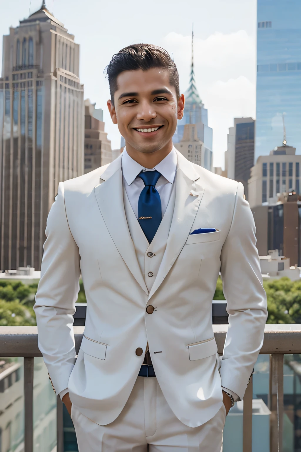 Latino con traje elegante posando sonriente, cruzado de brazos y de fondo la ciudad de nueva york