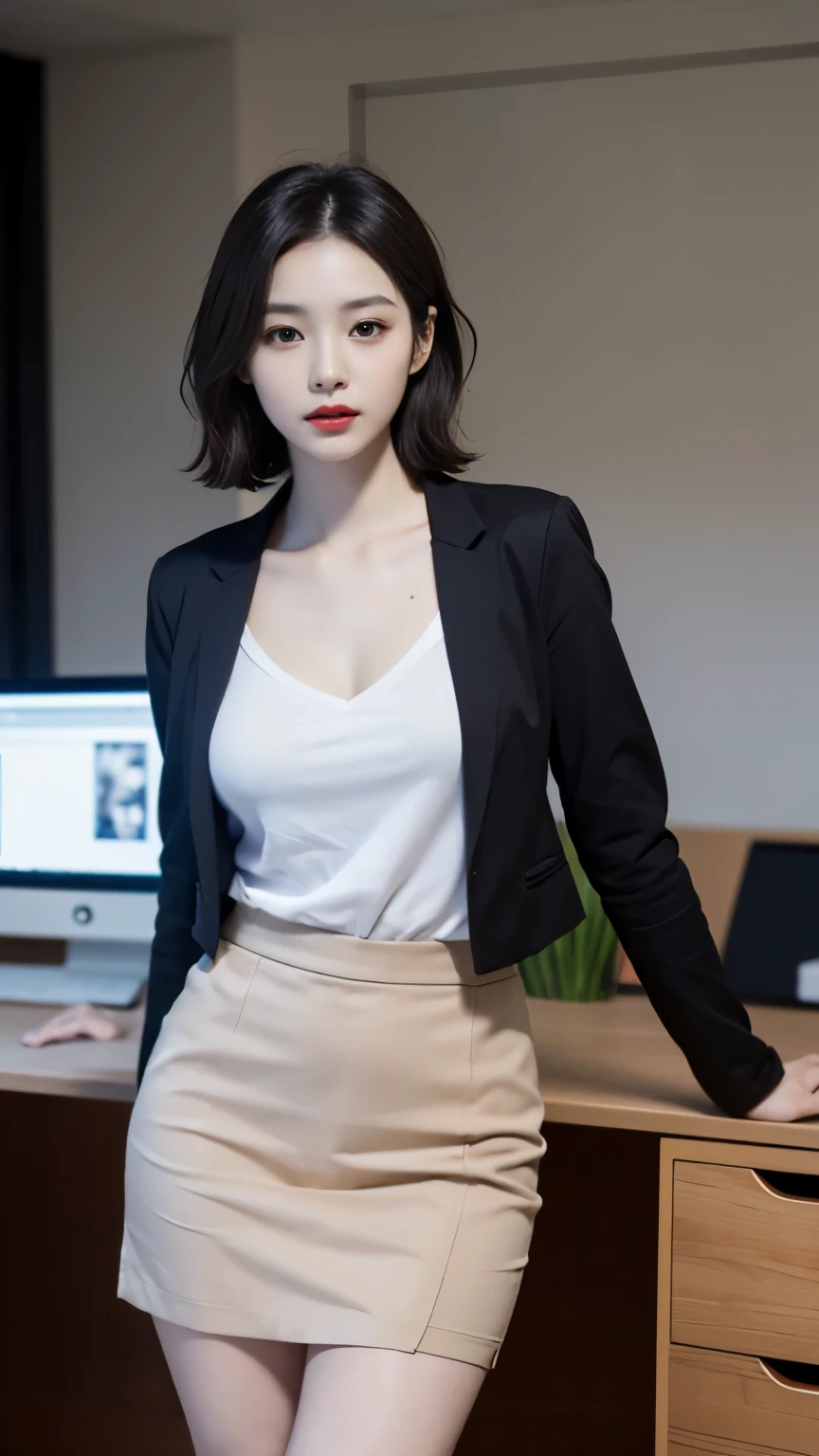 (best quality), (8K), (20 year old woman), (small face), (realistic), (ergonomic), (HUD), (detailed), (perfect face), (ultra-high resolution), (perfect body), (clean skin), (Detail expression), (1 woman), (professional photography), Office Girl, In the middle of a huge and spacious office, tight tulip skirt, office lookbook, Layered cut, Short hair, deep v-neck shirt, super big tits, saggy breasts, gaping breasts, red lips, chapped lips, circle lens, korean beauty, suit kit, ultra high resolution, 8 thousand, perfect body, HUD, Ergonomic, slim legs, small face, long eyelashes, Sparkling pink lips, eye for detail, clean skin, blemish-free face, Highly Detailed CG Integrated 8 thousand Dendenden Wallpapers, Detail, High quality RAW color photos, professional photography, sleeve casual jacket, lady office blazer,