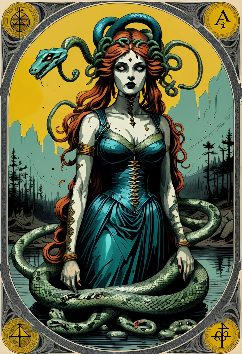 tarot card art , hand drawn, vintage, intricate, ornate deft crafted tarot art, sacred geometry subliminal aesthetics, Pieter Bruegel the Elder art style tarot card, tarot line art with painting coloring, Two women inverted mirror flipped, Tank Girl standing in standard pose, her feet connected to underworld, Medusa below holding a sword and her severed snake-haired head (homage to suicide queen playing card)
