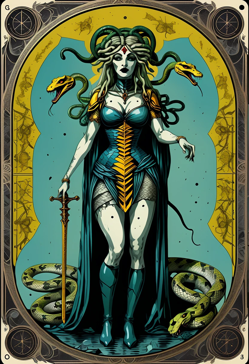 tarot card art , hand drawn, vintage, intricate, ornate deft crafted tarot art, sacred geometry subliminal aesthetics, Pieter Bruegel the Elder art style tarot card, tarot line art with painting coloring, Two women inverted mirror flipped, Tank Girl standing in standard pose, her feet connected to underworld, Medusa below holding a sword and her severed snake-haired head (homage to suicide queen playing card)