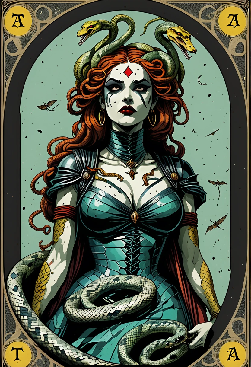 tarot card art , hand drawn, vintage, intricate, ornate deft crafted tarot art, sacred geometry subliminal aesthetics, Pieter Bruegel the Elder art style tarot card, tarot line art with painting coloring, Two women inverted mirror flipped, Tank Girl standing in standard pose, her feet connected to underworld, Medusa below holding a sword and her severed snake-haired head (homage to suicide queen playing card)