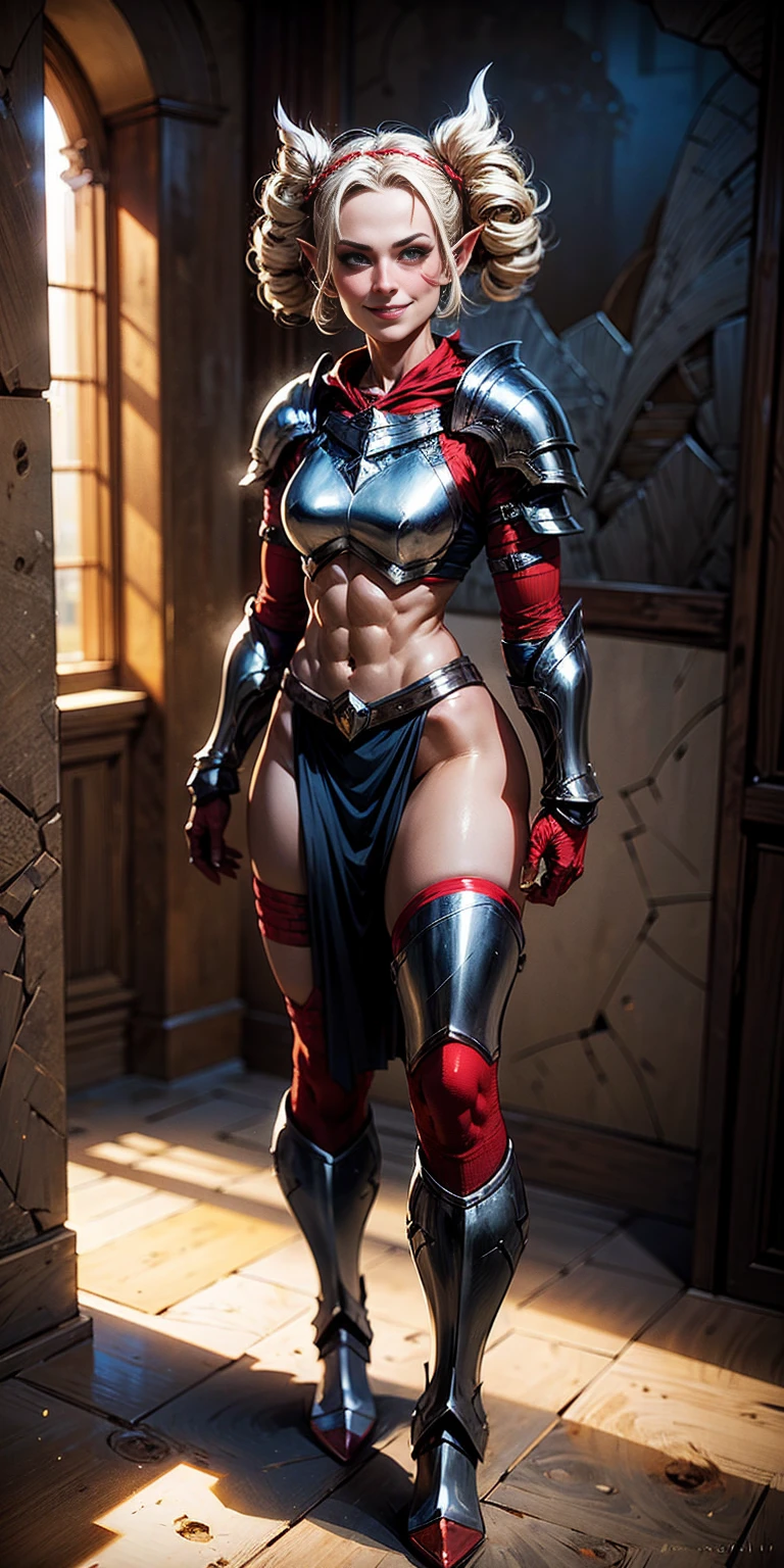 full body, def_effie, RED breastplate, RED skin, looking at viewer, shiny,armor, thighhighs, high boots,shoulder armor, faulds, poleyn, gloves, gauntlets, Rerebrace armored boots, pauldrons,(masterpiece, best quality, ultra-detailed, best shadow) yordle (1girl)( RED skin:1.2) pointy ears muscular lean platinum blonde long twin-tails hairstyle at the office lustful smirking smile face red blushed, blush, strong abs, female body builder, tiara, twin drills hair