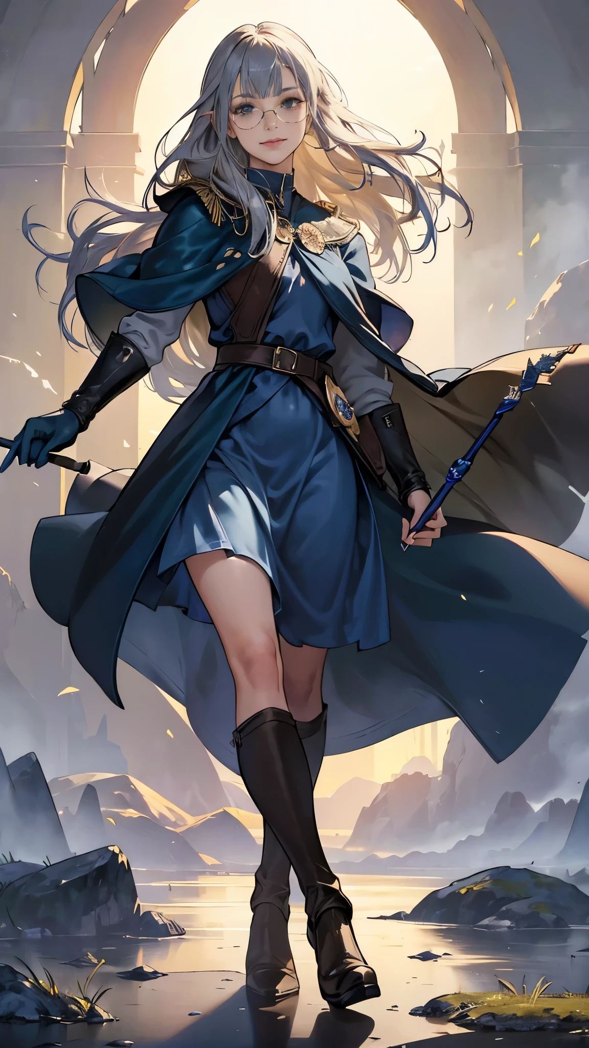 (((((girl))))), masterpiece, ultra detailed, 8K Portrait, Raw photo, woman's portrait photography, full body, Highly detailed smile face, ((Fantasy)), (((hobbit))), ((Adult)), 45 years old, 110cm, (((ALCHEMIST))), ((white skin)), (((olive color long straight hair))), blunt bangs, (((dark blue silk long cloak))) Fluttering in the wind, (high school dark blue uniform:1.5), leather glove, (((glasses))), (((equip a wand))), Midday sun, Hyper realistic, Slender body, by the foggy castle, Ambient lighting, Shadow details, Camera focus on face, strong breeze, Light fog