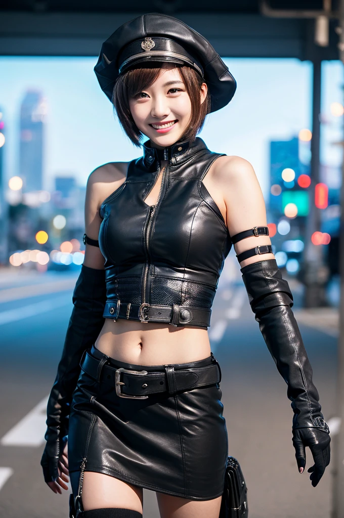 high quality,high resolution,woman,beautiful face,seductive smile,short hair,,looking at viewer,open mouth,armored dress,stomach cutout,gloves,leather,belt,cap,cyberpunk city,road,street,sparkle background,
