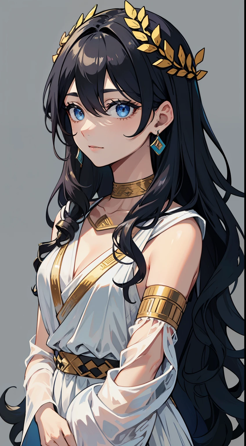 (high-quality, breathtaking),(expressive eyes, perfect face) 1girl, female, solo, young adult, dark black color hair, blue highlight in hair, tanned skin, pale light blue eye color, medium hair length, fluffy spiky hair, wavy curly hair, black dress with gold trim, tunic, Greek Goddess, Ancient Greek Dress, Greek Clothes, Symmetrical Eyes, portrait, halfbody, positive expression, grey background, elegant, mature, beautiful, soft smile, hair between eyes, SunsetHuman, collar
