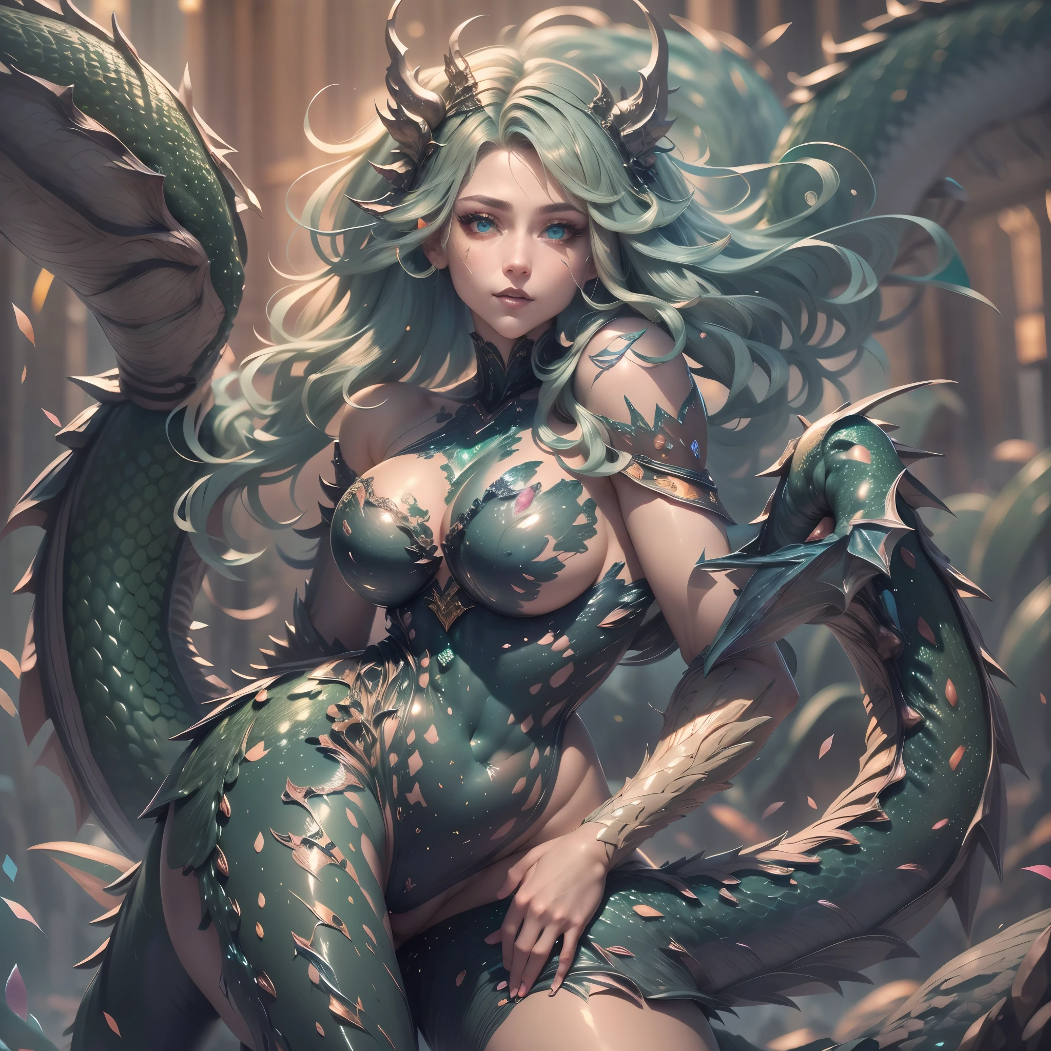 (best quality,4k,8k,highres,masterpiece:1.2, portrait), ultra-detailed, realistic, naked sexy dragon woman with green and blue glittering scales, skin is glittering green and blue scales, medium length wavy green hair with blonde highlights, very playful but mischievous smile, huge tits, gigantic breasts, naked, nude, detailed crotch, detailed vulva, sexy pose, spread legs, playful, bi-coloured eyes, heterochromia, lustful