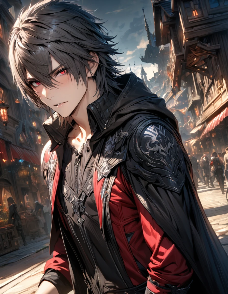 absurdres, highres, ultra detailed, HDR), masterpiece, best quality, Requiem, black spiky medium hair, hair between the eyes, vibrant red eyes, Final fantasy xv, 1man, handsome, fantasy town, red leather shirt, black cape
