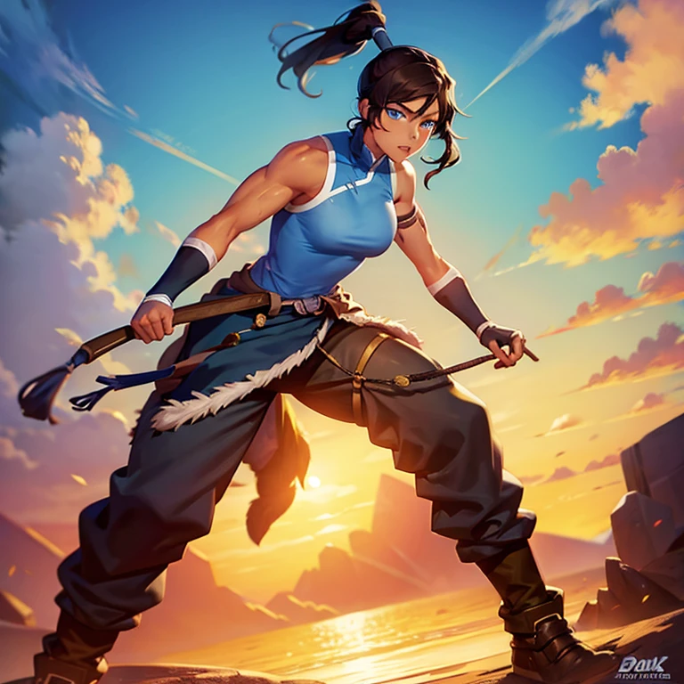 korra, dark skin, dark-skinned female, ponytail, trousers, muscular female, high quality, detailed, high resolution, sun set background.