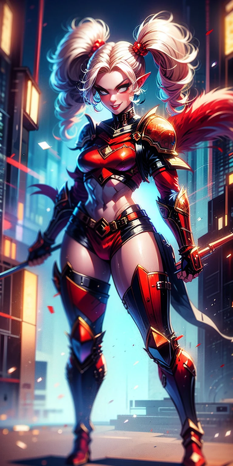 full body, def_effie, RED breastplate, RED skin, looking at viewer, shiny,armor, thighhighs, high boots,shoulder armor, faulds, poleyn, gloves, gauntlets, Rerebrace armored boots, pauldrons,(masterpiece, best quality, ultra-detailed, best shadow) yordle (1girl)( RED skin:1.2) pointy ears muscular lean platinum blonde long twin-tails hairstyle at the office lustful smirking smile face red blushed, blush, strong abs, female body builder, tiara, twin drills hair