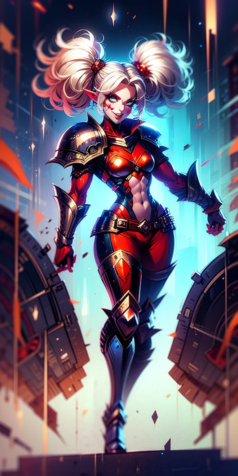 full body, def_effie, RED breastplate, RED skin, looking at viewer, shiny,armor, thighhighs, high boots,shoulder armor, faulds, poleyn, gloves, gauntlets, Rerebrace armored boots, pauldrons,(masterpiece, best quality, ultra-detailed, best shadow) yordle (1girl)( RED skin:1.2) pointy ears muscular lean platinum blonde long twin-tails hairstyle at the office lustful smirking smile face red blushed, blush, strong abs, female body builder, tiara, twin drills hair